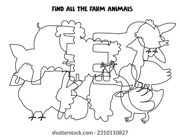 Find all hidden farm animals. Black and white worksheet. Educational logical game.