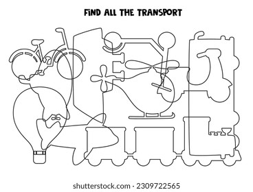 Find all hidden transportation means. Black and white worksheet. Educational logical game.