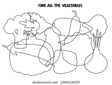 Encuentra todas las verduras ocultas. Hoja de cálculo en blanco y negro. Juego lógico educativo.