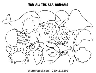 Find all sea animals. Black and white worksheet. Educational logical game.
