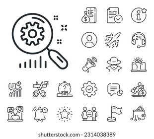 Find analysis sign. Salaryman, gender equality and alert bell outline icons. Search statistics line icon. Search statistics line sign. Spy or profile placeholder icon. Online support, strike. Vector