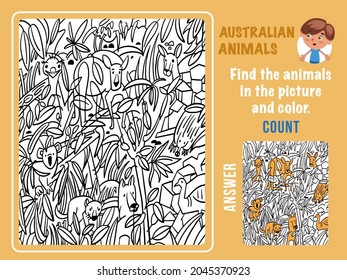 Find animals, color and count. Australia. Game for kids. Puzzle with hidden objects. Funny cartoon characters. Black and white outline for coloring. Vector illustration.