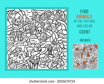 Find animals and color, count. Game for Children. Puzzle Hidden Items. Funny cartoon character. Vector illustration.