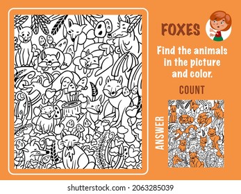 Find animals, foxes, color and count. Game for kids. Children coloring. Puzzle with hidden objects. Funny cartoon characters. Vector illustration.