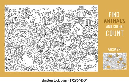 Find Animals. Funny game for Kids. Puzzle Hidden objects. Cute cartoon characters. Black and white outline for coloring. Vector illustration.