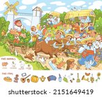 Find animals and find hidden objects in the picture. Festival in ethnic Slavic style. Ukrainian Country Fair. Funny cartoon characters. Colorful vector illustration