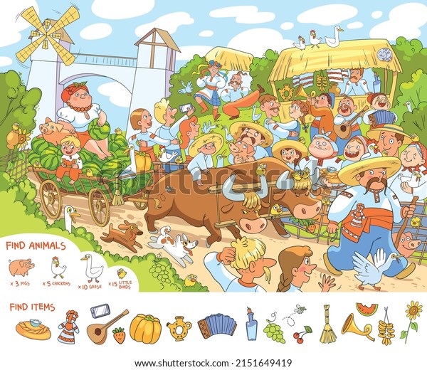 Find animals and find hidden
objects in the picture. Festival in ethnic Slavic style. Ukrainian
Country Fair. Funny cartoon characters. Colorful vector
illustration