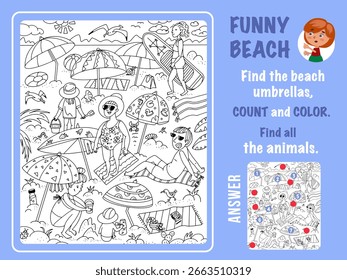 Encontre animais e guarda-chuvas cor e contagem. Jogo para crianças. Crianças para colorir. Puzzle com objetos ocultos. Personagens engraçados de desenhos animados. Ilustração vetorial.