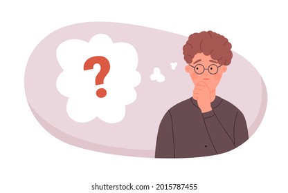 Find answer idea to question vector illustration. Cartoon curious male character standing near question mark in cloud, nerd student with glasses thinking over study or work problem isolated on white