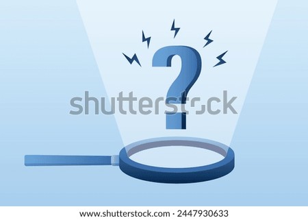 Find answers, overcoming obstacles. Detailed business strategy, business analysis to find solutions, FAQ, solving problems, analyzing question marks using magnifying glass. flat vector illustration