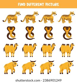 Find Asian animal which is different from others. Worksheet for kids.