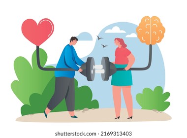 Find balance concept. Man and woman connect brain and heart. Combination of emotional and logical strategies of mindfulness. Self awareness and understanding. Cartoon flat vector illustration