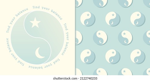 Find Balance Health Mental Wellness Yin Yang Blue Graphic Pattern Set Trendy Background Pattern