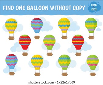 Find a balloon without a pair. A game for children on mindfulness. Vector illustration.