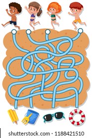 Find beach objects maze game illustration