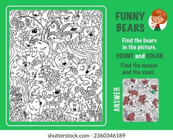 Find bears in picture, count and color. Games for kids. Puzzle with hidden objects. Black and white outline for coloring. Funny cartoon characters. Vector illustration.