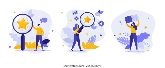 Find best offer flat concept vector illustrations set. Customers seeking products and services online cartoon composition. Add goods to favourite on internet idea for website, mobile, presentation