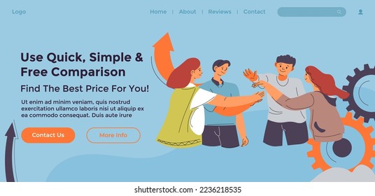 Find best price for you, use quick, simple and free comparison of costs for team buildings. Business projects and organizations. Website landing page template, internet site. Vector in flat style