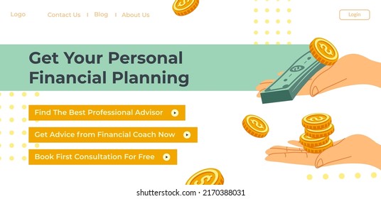 Encuentre el mejor asesor profesional, obtenga asesoramiento de expertos, reserve primero consulta. Aplicación o servicio de planificación financiera personal. Plantilla de página de inicio del sitio web, sitio en línea. Vector de estilo plano
