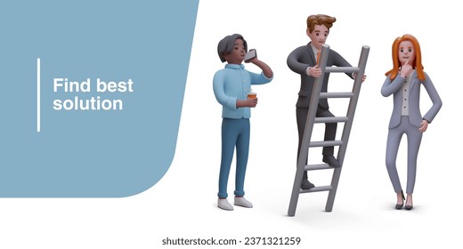 Find best solution. Man rises on ladder. Realistic characters are looking for problem solution, planning business development. Successful teamwork, partnership