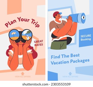 Encuentre el mejor paquete vacacional y descanse, planee su viaje a la costa o a las montañas. Reservas seguras y tarifas excelentes para los clientes. Ver ofertas. Banner promocional o publicidad. Vector de estilo plano