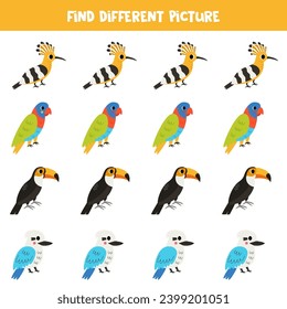 Find bird which is different from others. Worksheet for kids.