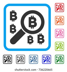 Find Bitcoin icon. Flat grey iconic symbol inside a light blue rounded square. Black, gray, green, blue, red, orange color versions of Find Bitcoin vector. Designed for web and app UI.