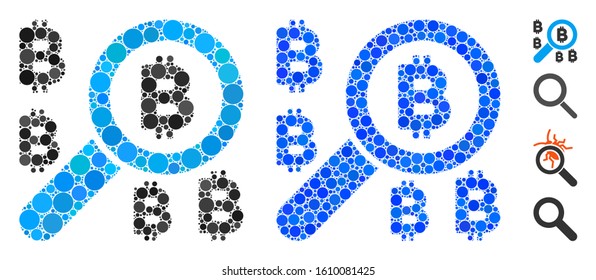Find Bitcoin mosaic of circle elements in different sizes and color tinges, based on find Bitcoin icon. Vector round elements are united into blue mosaic.