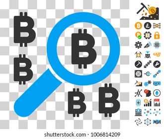 Find Bitcoin pictograph with bonus bitcoin mining and blockchain pictures. Vector illustration style is flat iconic symbols. Designed for cryptocurrency websites.