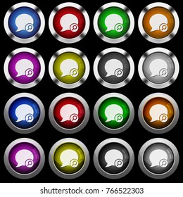 Find blog comment white icons in round glossy buttons with steel frames on black background. The buttons are in two different styles and eight colors.