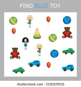 Find blue toys. Preschool worksheet, worksheet for kids, printable worksheet