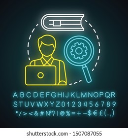 Find book neon light concept icon. Electronic search idea. Literature searching tool, internet surfing. Glowing sign with alphabet, numbers and symbols. Vector isolated illustration