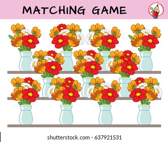 Find a bouquet of flowers without a pair. Educational matching game for children. Cartoon vector illustration