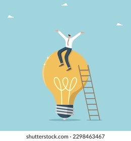 Find brilliant idea for business development, achieving goals with a help of creative thinking, mind and intellect as a means to achieve success, innovation success, man shouts cheers at a light bulb.