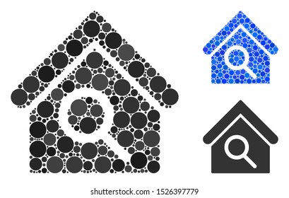 Find building composition for find building icon of filled circles in various sizes and shades. Vector small circles are combined into blue mosaic.