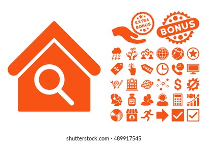 Find Building icon with bonus images. Vector illustration style is flat iconic symbols, orange color, white background.