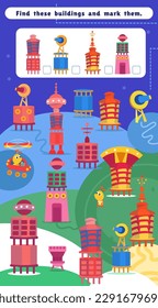 Find buildings and mark them. Educational puzzle game for children. Color vector illustration. Aliens in space.
