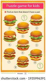 Find a burger that does not have a pair. Puzzle for kids. Matching game, education game for children. Hamburgers or cheeseburgers with tomatoes, salami, cutlet, beef, salad and cheese. Food