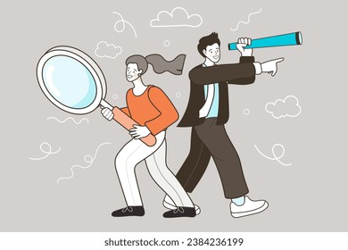 Find business information man and woman outline. people holding magnifying glass, binoculars searching. investment opportunity concept. Job hiring and online recruitment. Human resources.