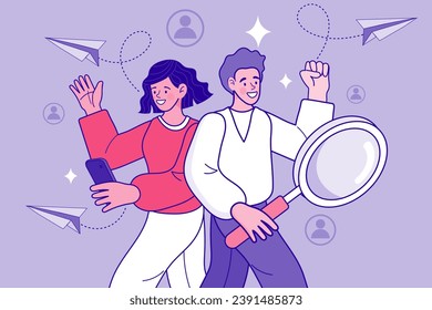 Find business information man and woman outline. people holding magnifying glass, binoculars searching. investment opportunity concept. Job hiring and online recruitment. Human resources.