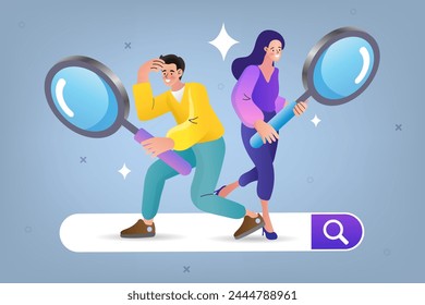 Find business information man and woman. people holding magnifying glass on search box. investment opportunity concept. Job hiring and online recruitment. Human resources. vector illustration flat.