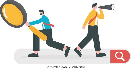 Find business information people. people holding magnifying glasses on a search box. investment opportunity concept. Job hiring and online recruitment. Human resources. vector illustration flat.

