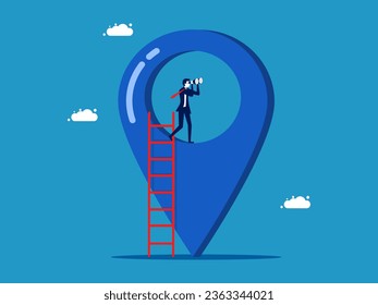Find a business location. Businessman looking at binoculars on pin icon