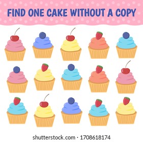 Encuentra un pastel sin pareja. Un juego para los niños en la conciencia. Ilustración vectorial.