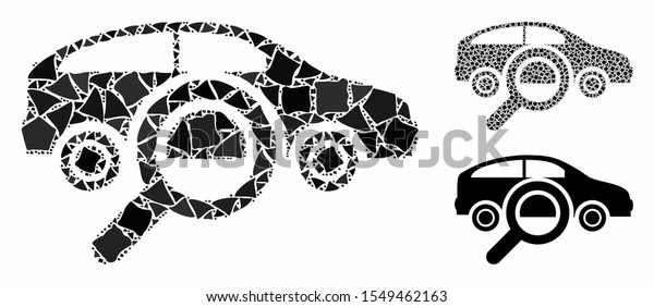 Find\
car composition of tuberous parts in various sizes and color tones,\
based on find car icon. Vector uneven parts are united into\
collage. Find car icons collage with dotted\
pattern.