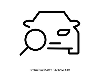 Find a car, car search concept symbol. Magnifying glass next to a car icon.  Line art vector.