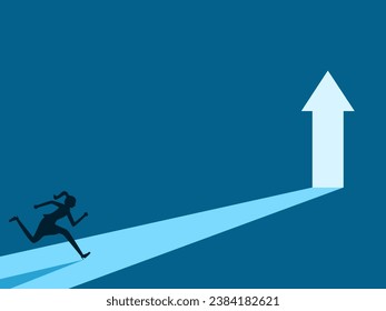 Find career success. woman heading towards the door with an arrow
