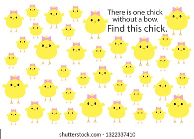 Find chick without bow, easteras fun education puzzle game for children, preschool worksheet activity for kids, task for the development of logical thinking and mind, vector illustration