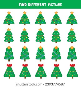 Find Christmas tree which is different from others. Worksheet for kids.