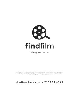 Find cinema logo, cinema explore logo, film roll with magnifying glass logo concept